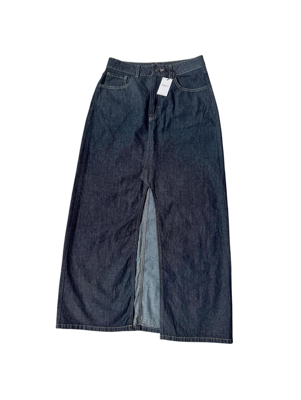 Forever 21 Y2K Dark Indigo Denim Maxi Skirt with Front Slit Size Women’s Large